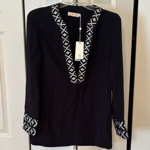 Tory Burch Navy Tunic with White Geometric Trim